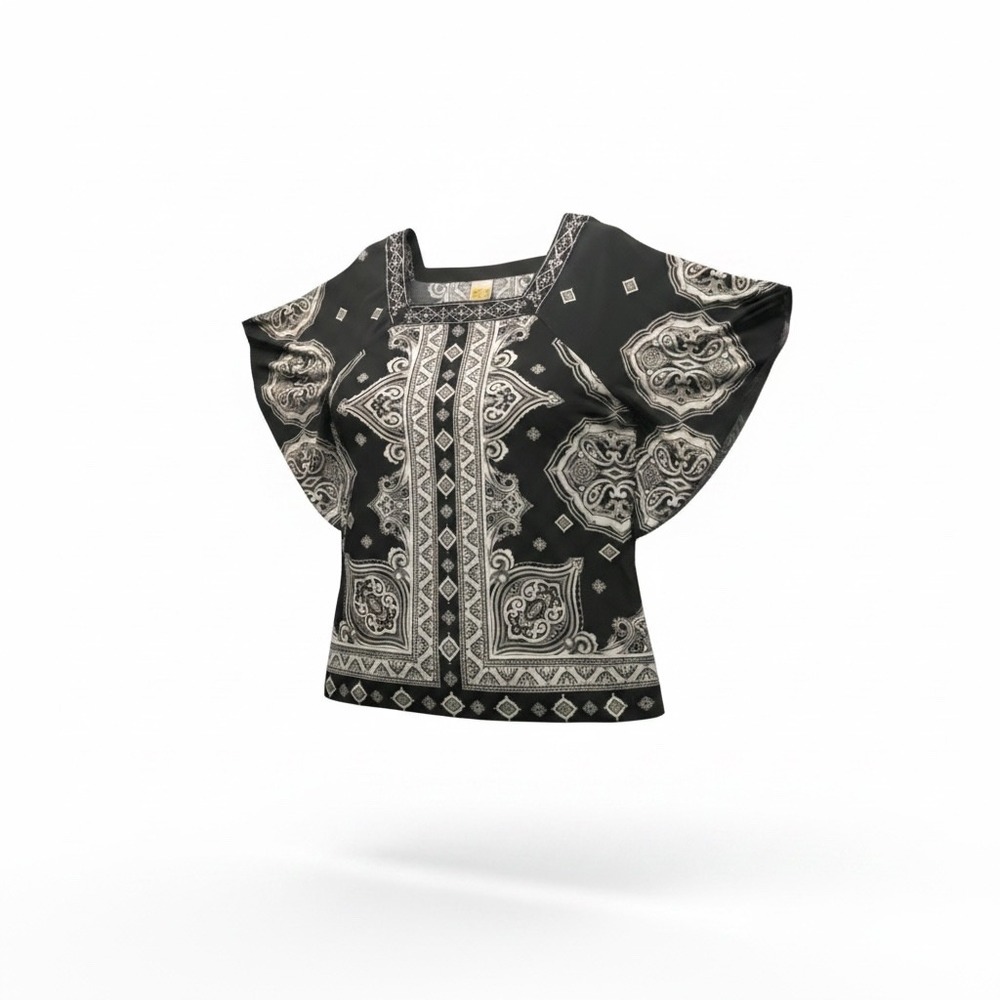 JM Collection Womens Lg Black White Paisley Studded Square Neck Angel Sleeve Top